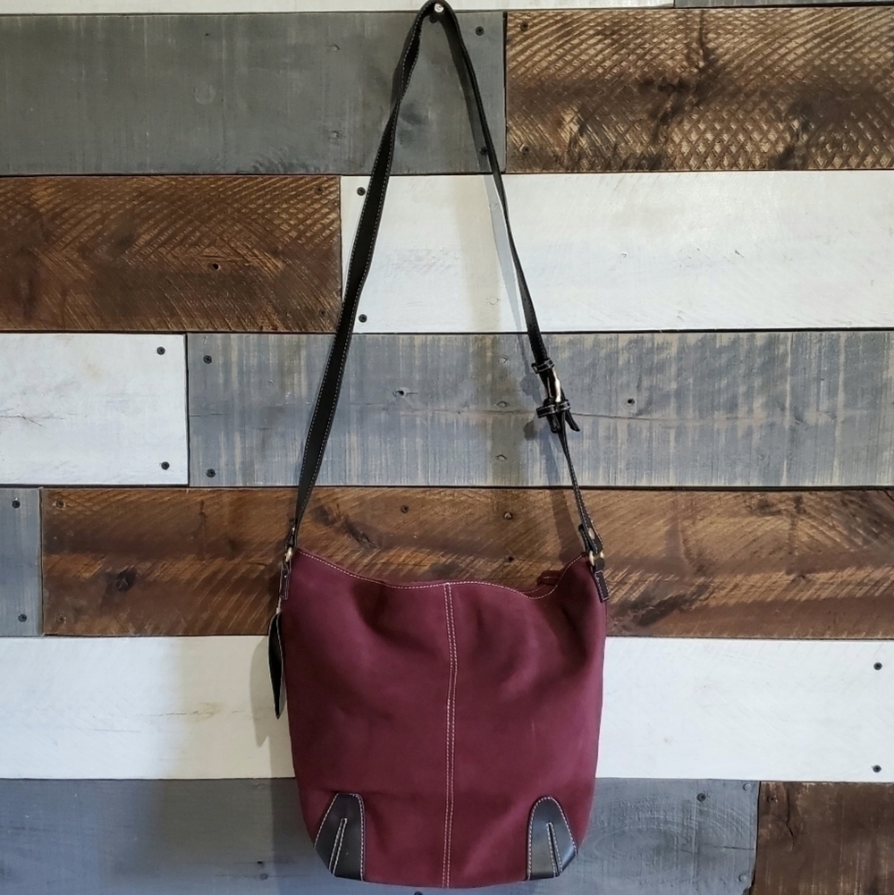 Large Maroon Burgundy Black Faux Leather Suede Tote Shoulder Purse Bag - Picture 4 of 13